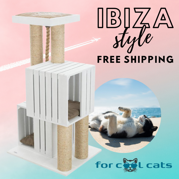 Design krabpaal Ibiza style - wit/zandkleur, stijlvol, met relaxmand en speeltouw, 114cm